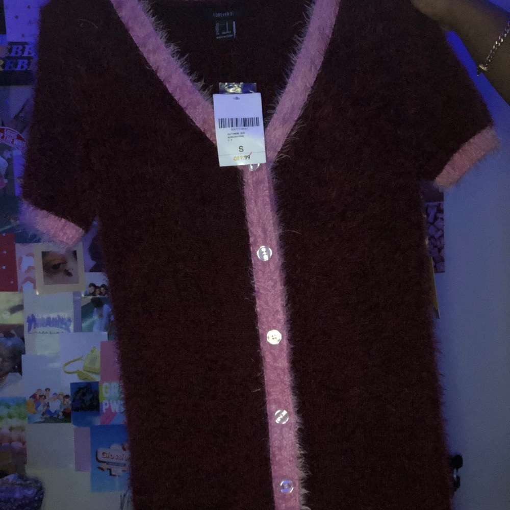 Forever21 Knit Fur Button-Up Dress [Burgundy/Pink]